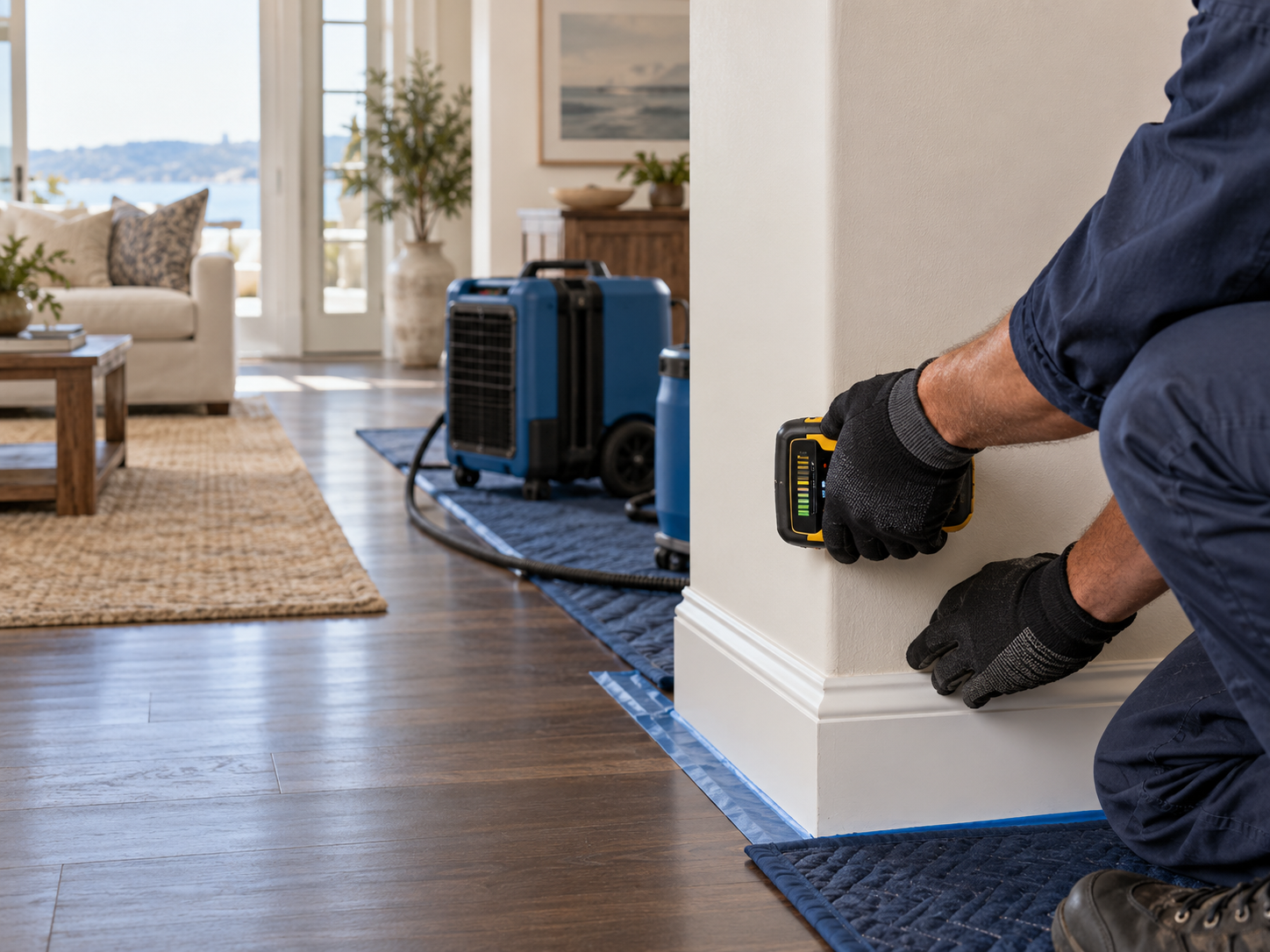 Restoration equipment and precise moisture assessment in a coastal home
